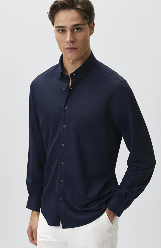 Slim Fit Lacivert Uzun Kol Örme Gömlek