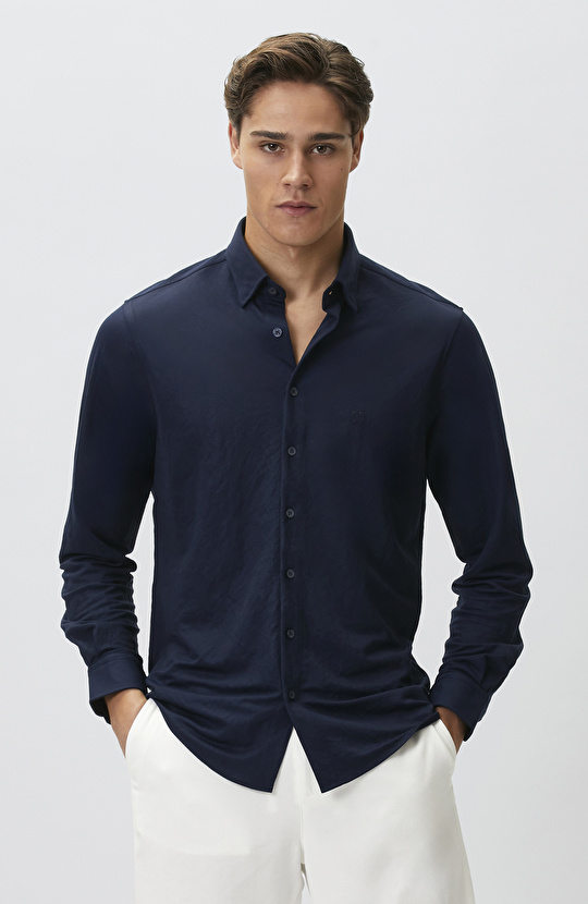 Slim Fit Lacivert Uzun Kol Örme Gömlek
