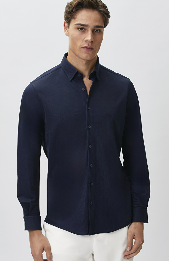 Slim Fit Lacivert Uzun Kol Örme Gömlek