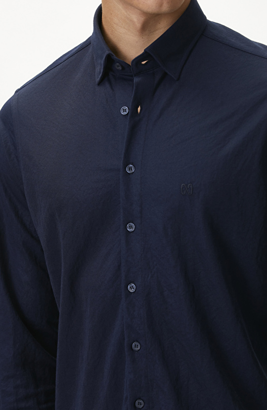 Slim Fit Lacivert Uzun Kol Örme Gömlek