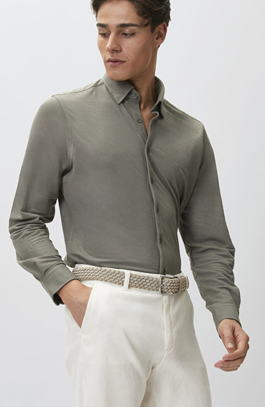 Slim Fit Haki Uzun Kol Örme Gömlek