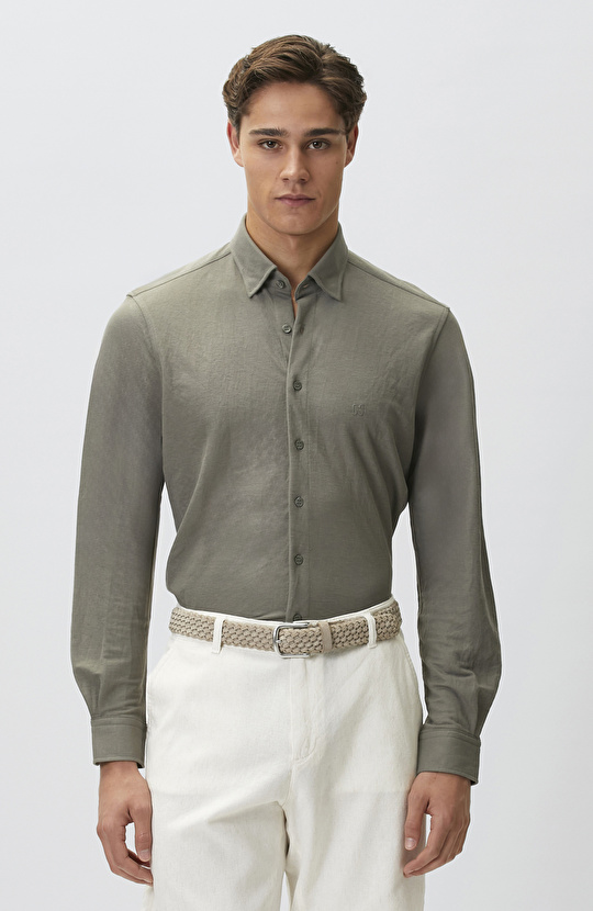 Slim Fit Haki Uzun Kol Örme Gömlek