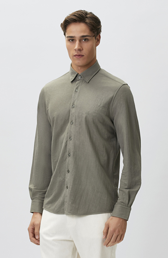Slim Fit Haki Uzun Kol Örme Gömlek