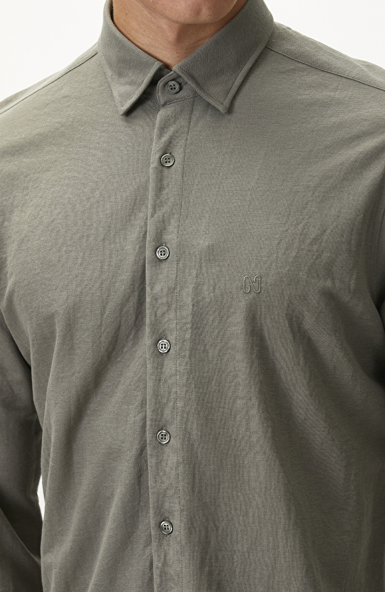 Slim Fit Haki Uzun Kol Örme Gömlek