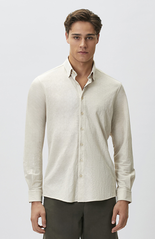 Slim Fit Bej Uzun Kol Örme Gömlek
