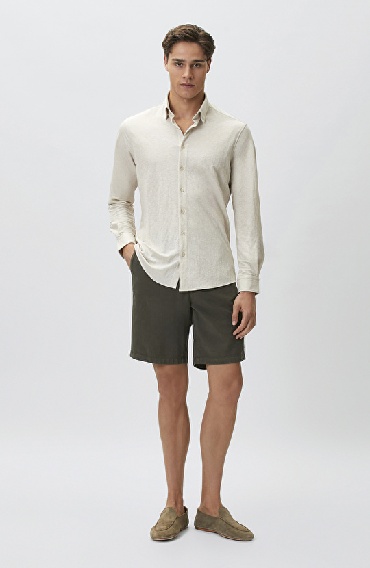 Slim Fit Bej Uzun Kol Örme Gömlek