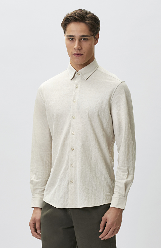 Slim Fit Bej Uzun Kol Örme Gömlek