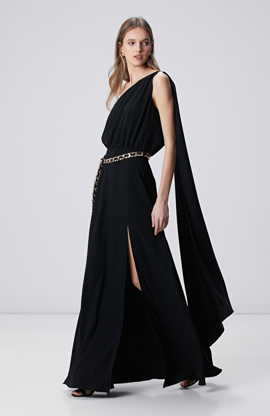 Siyah Kemer Aksesuarlı Abiye Elbise