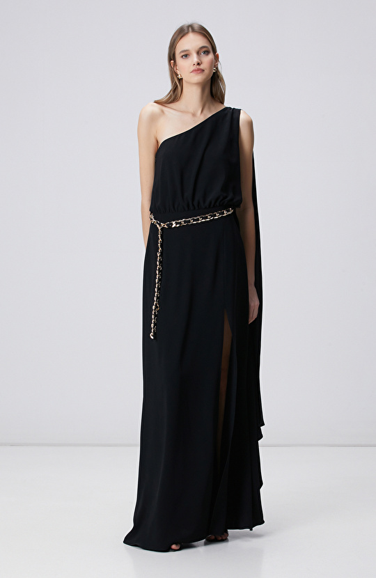 Siyah Kemer Aksesuarlı Abiye Elbise