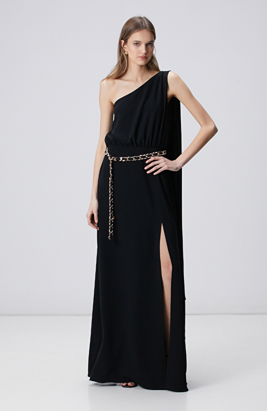 Siyah Kemer Aksesuarlı Abiye Elbise