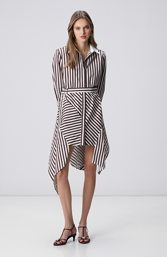 Kahverengi Asimetrik Gömlek Elbise