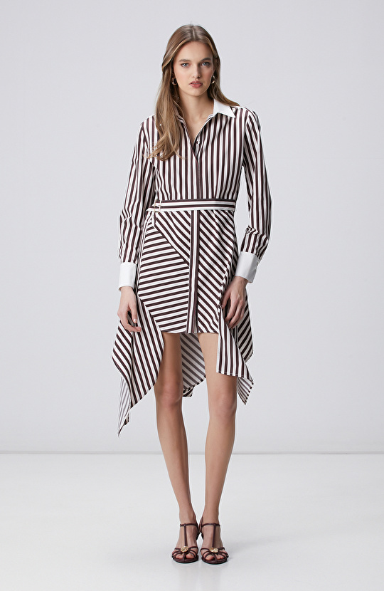 Kahverengi Asimetrik Gömlek Elbise