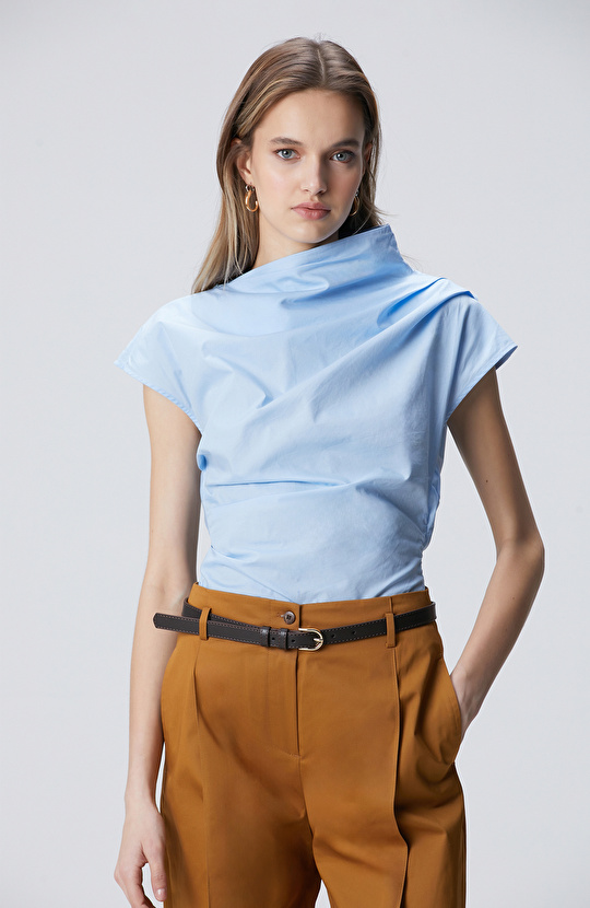 Light Blue Asymmetrical Collar Blouse