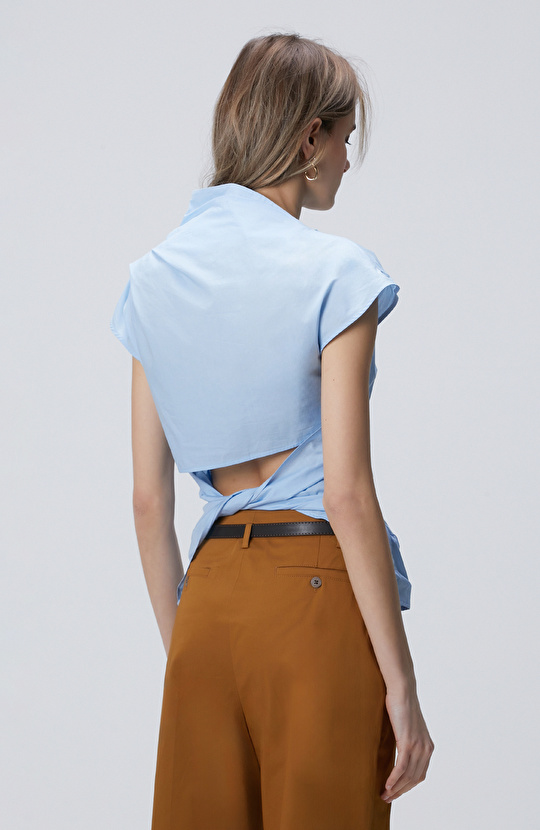 Light Blue Asymmetrical Collar Blouse