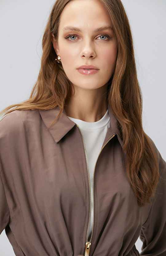 Kahverengi Beli Büzgülü Fermuarlı Astarsız Ceket