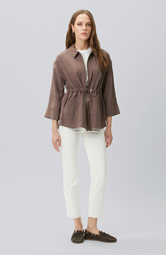 Kahverengi Beli Büzgülü Fermuarlı Astarsız Ceket