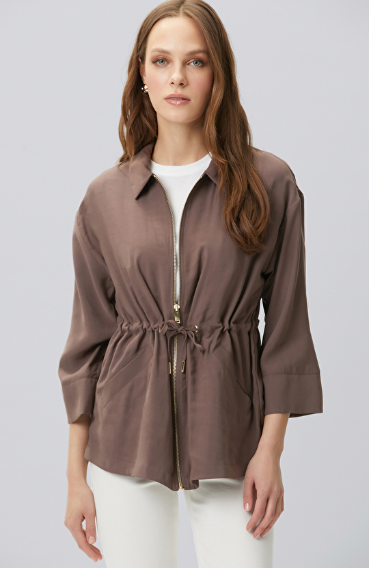 Kahverengi Beli Büzgülü Fermuarlı Astarsız Ceket