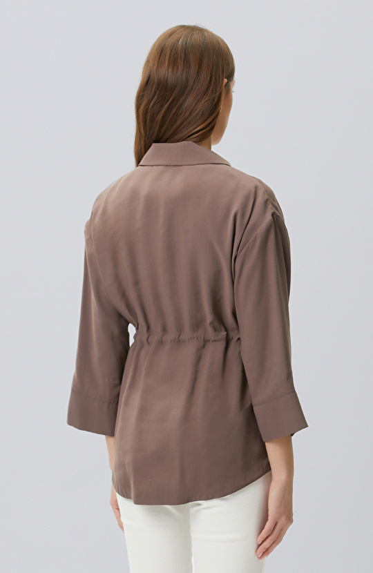 Kahverengi Beli Büzgülü Fermuarlı Astarsız Ceket