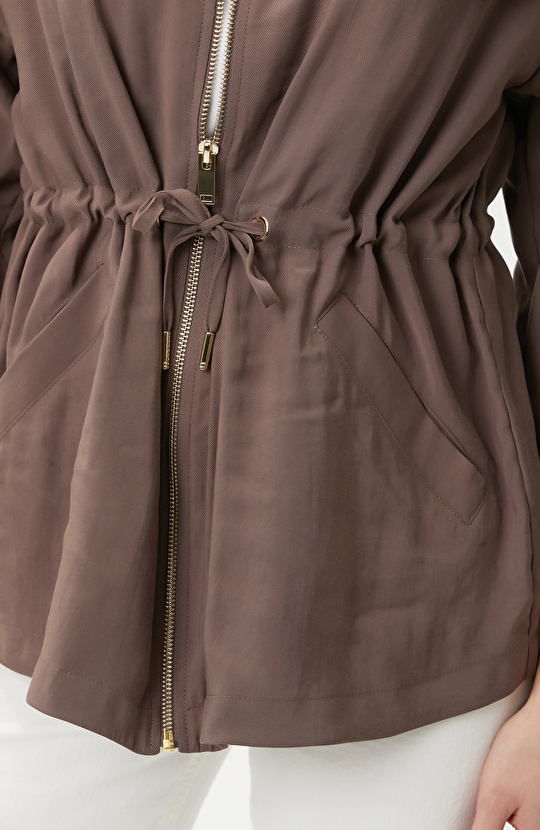 Kahverengi Beli Büzgülü Fermuarlı Astarsız Ceket