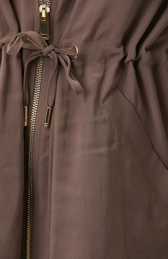 Kahverengi Beli Büzgülü Fermuarlı Astarsız Ceket