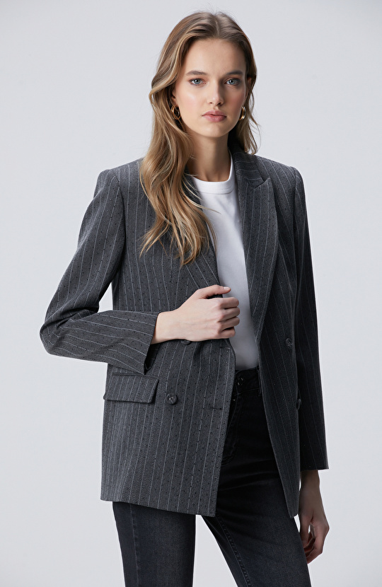 Koyu Gri Taşlı Çizgili Ceket