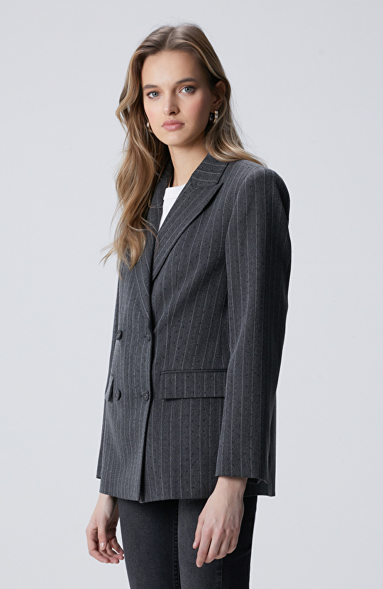 Koyu Gri Taşlı Çizgili Ceket