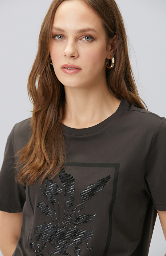 Kahverengi Royal Desen Taş Baskılı T-shirt