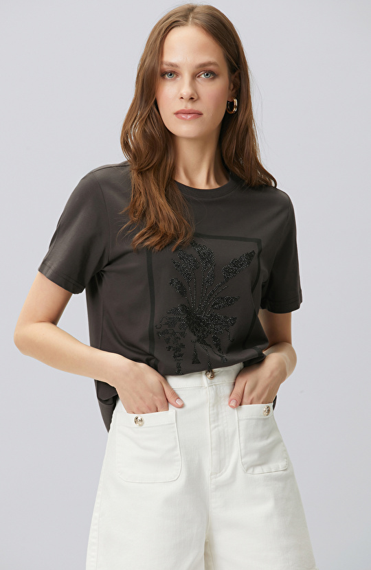 Kahverengi Royal Desen Taş Baskılı T-shirt