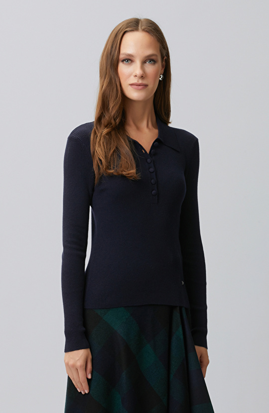 Navy Blue Polo Neck Knitwear Sweater