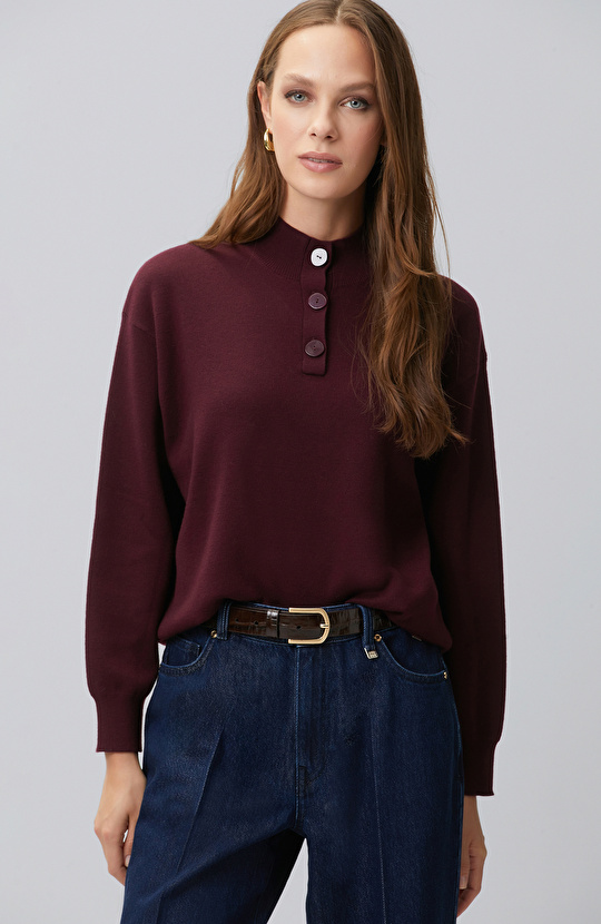 Burgundy High Collar Wool Blend Knitwear Sweater