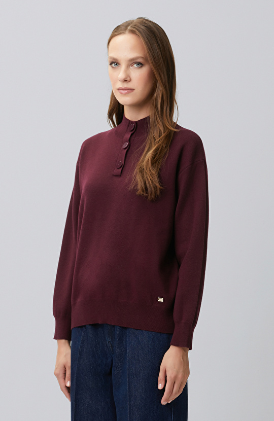 Burgundy High Collar Wool Blend Knitwear Sweater