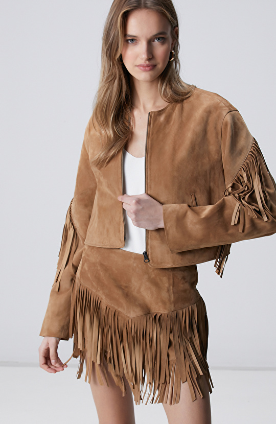 Camel Püsküllü Süet Deri Ceket