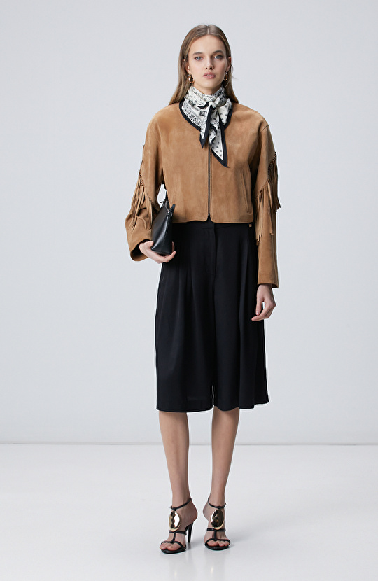 Camel Püsküllü Süet Deri Ceket