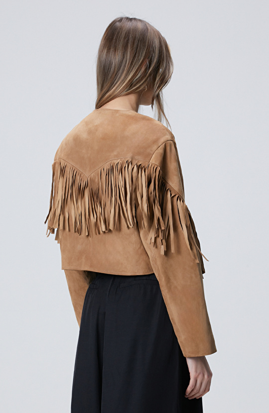 Camel Püsküllü Süet Deri Ceket