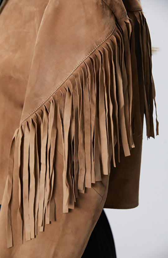 Camel Püsküllü Süet Deri Ceket