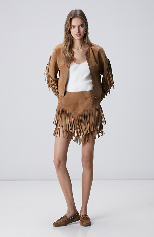 Camel Püsküllü Süet Deri Etek