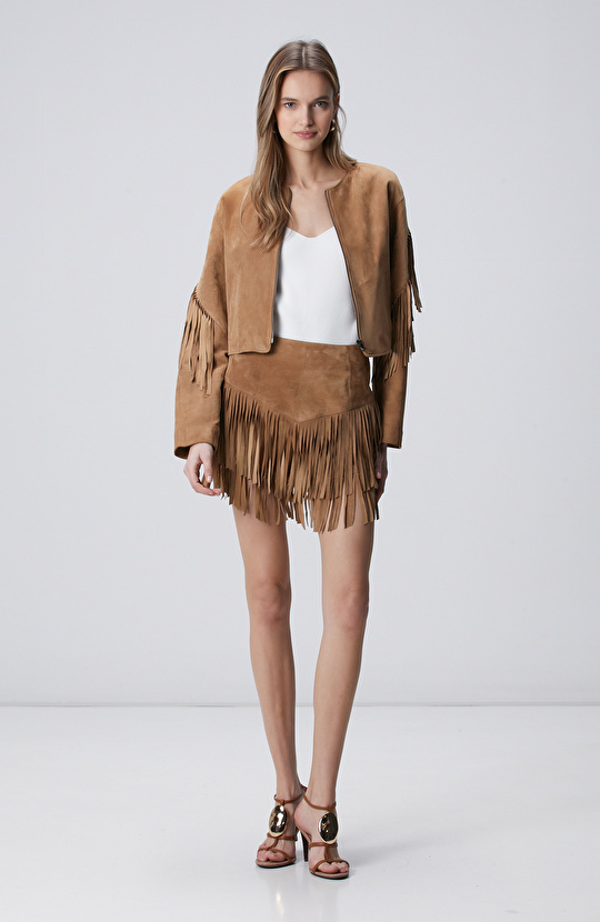 Camel Püsküllü Süet Deri Etek
