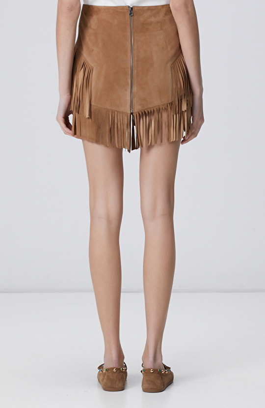 Camel Püsküllü Süet Deri Etek