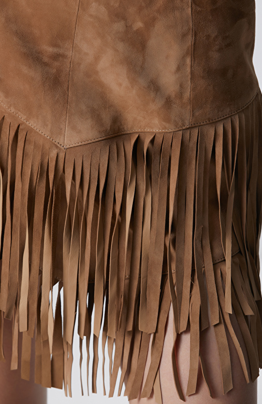 Camel Püsküllü Süet Deri Etek