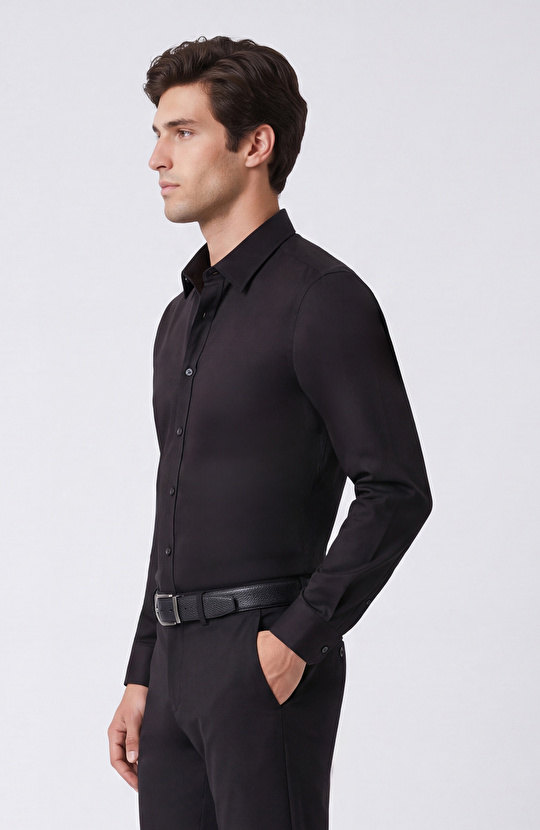 Non-Iron Siyah Saten Gömlek