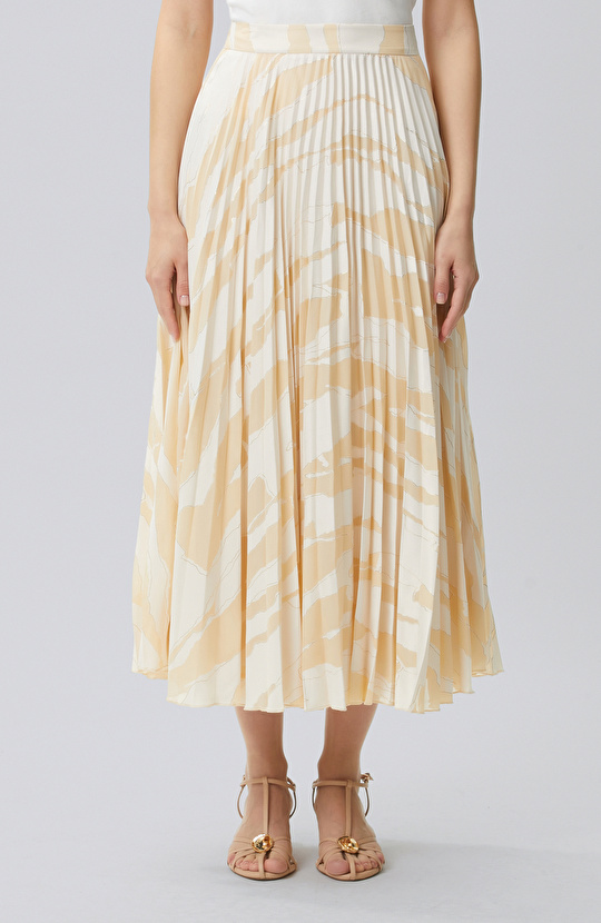 Bej Desenli Pileli Etek