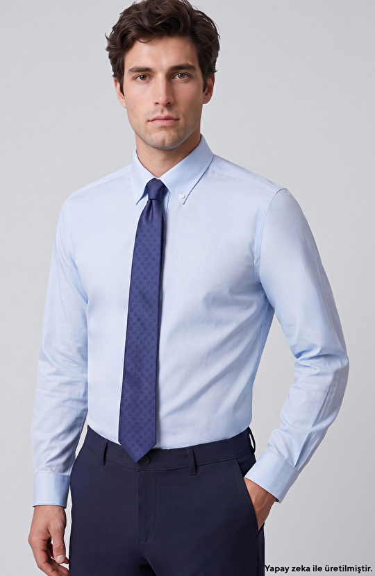 Non-Iron Mavi Düğmeli Yaka Oxford Gömlek