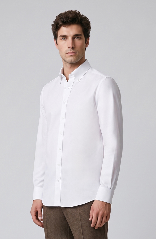 Non-Iron White Buttoned Collar Honeycomb Pattern Shirt