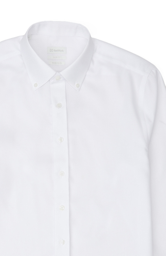 Non-Iron Beyaz Düğmeli Yaka Petek Desen Gömlek