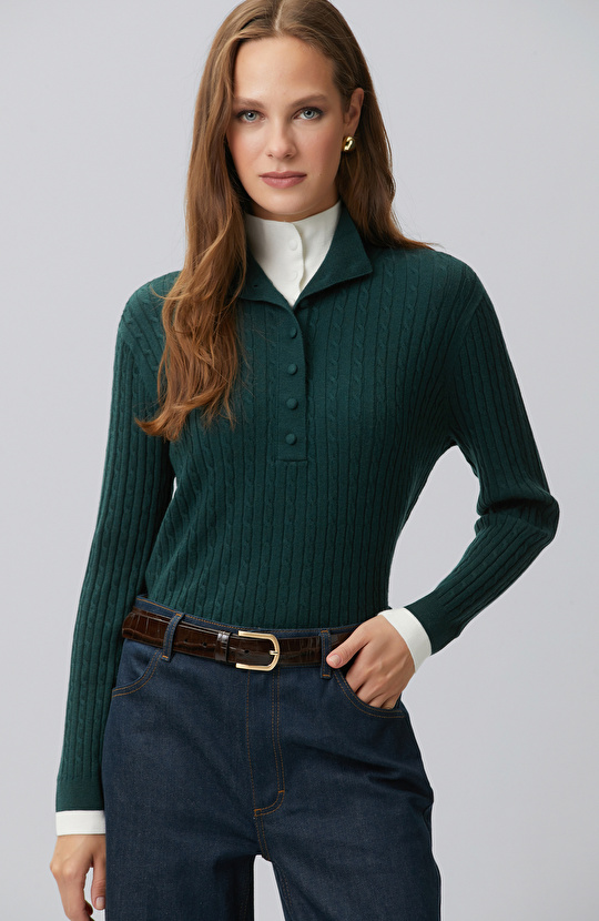 Green Hair Braided Piping Detailed Sweater