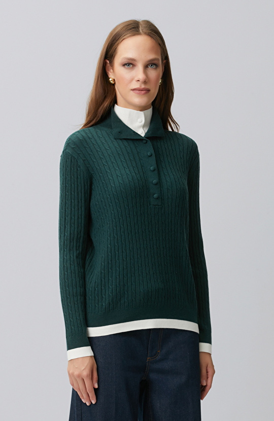 Green Hair Braided Piping Detailed Sweater