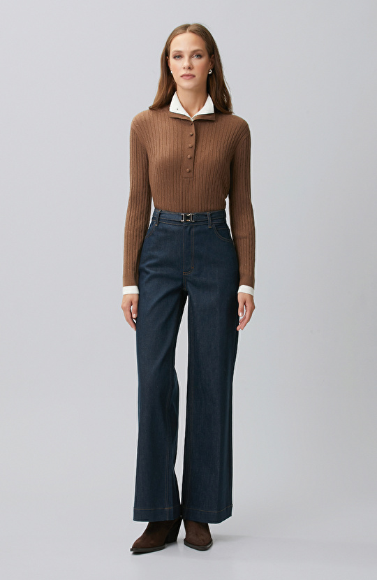 Brown Hair Braided Piping Detailed Sweater