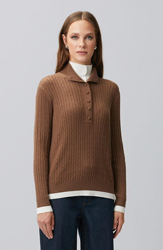 Brown Hair Braided Piping Detailed Sweater