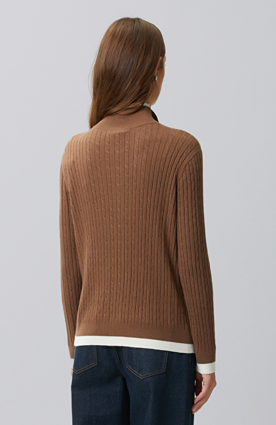 Brown Hair Braided Piping Detailed Sweater