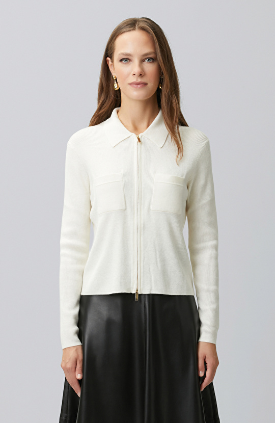 Off White Zippered Wool Blend Knitwear Sweater